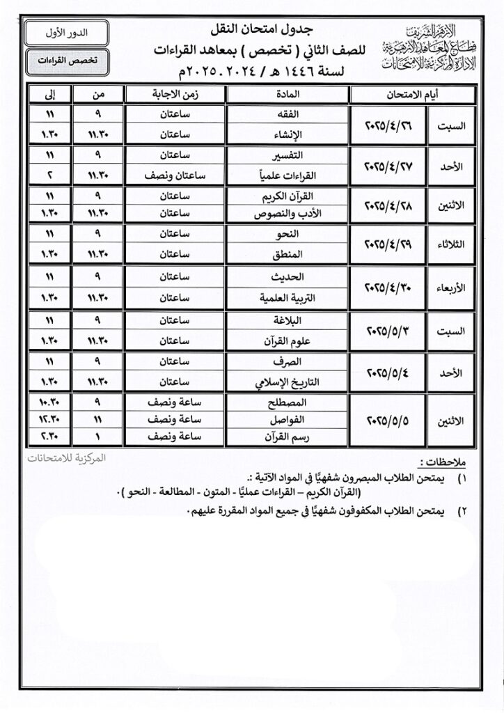الصف الثاني تخصص بمعاهد القراءات