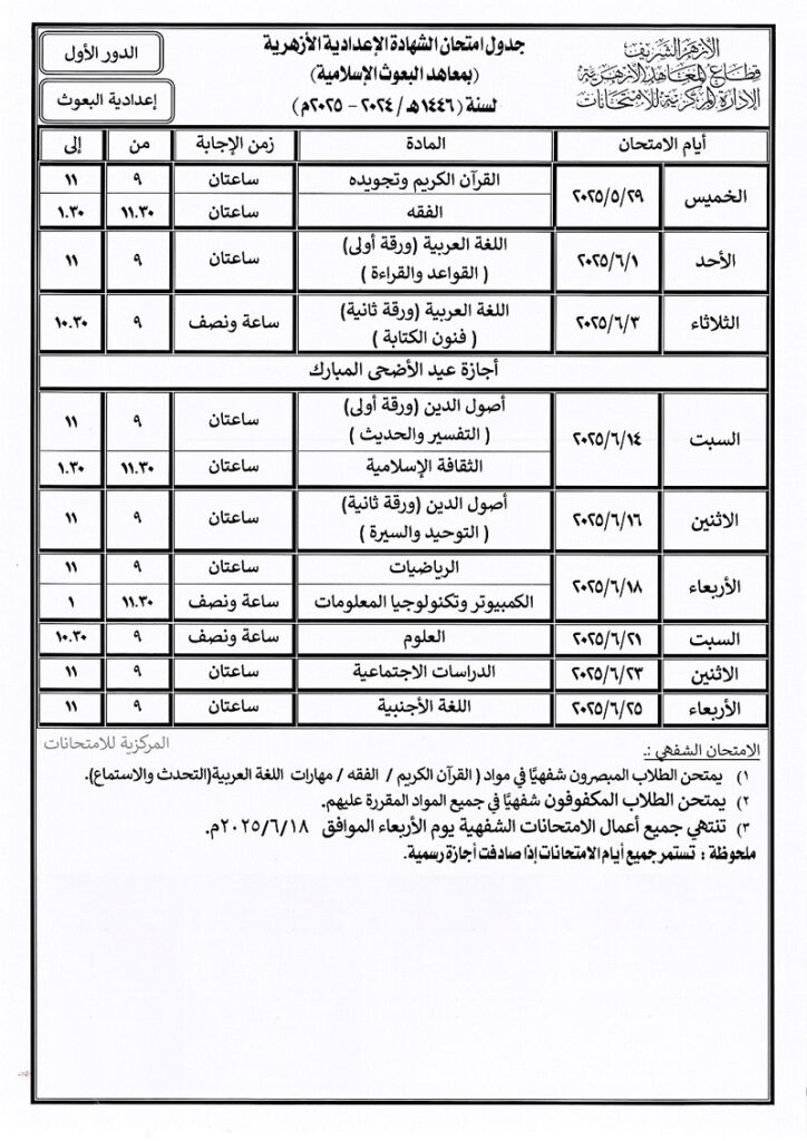 امتحان الشهادة الإعدادية الأزهرية بمعاهد البعوث الإسلامية