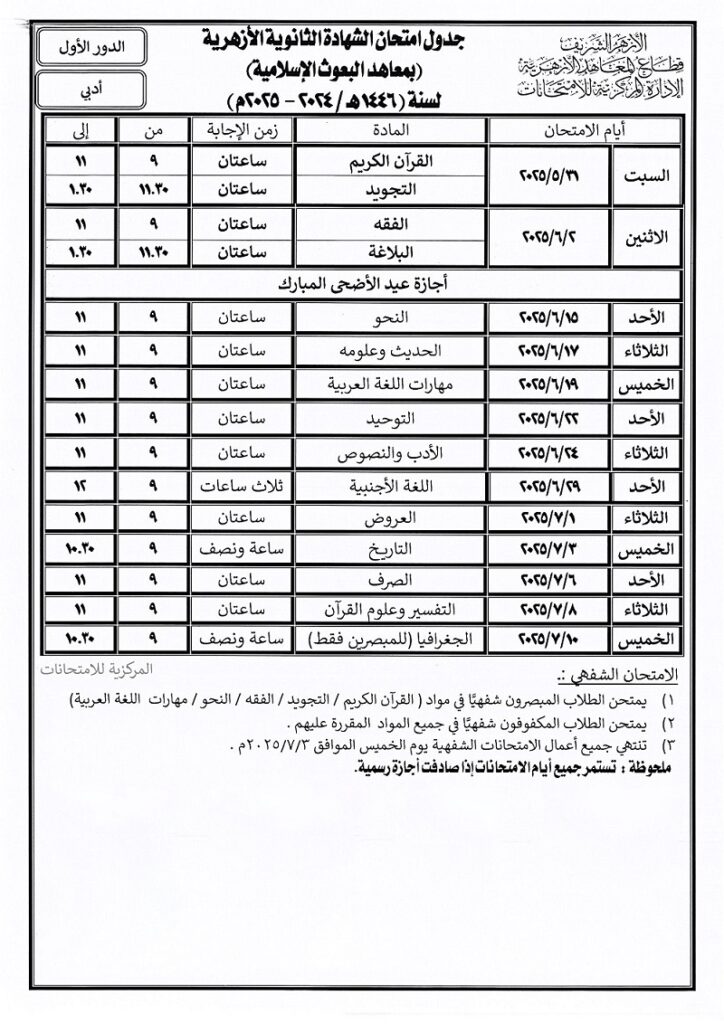 امتحان الشهادة الثانوية الأزهرية أدبي بمعاهد البعوث الإسلامية