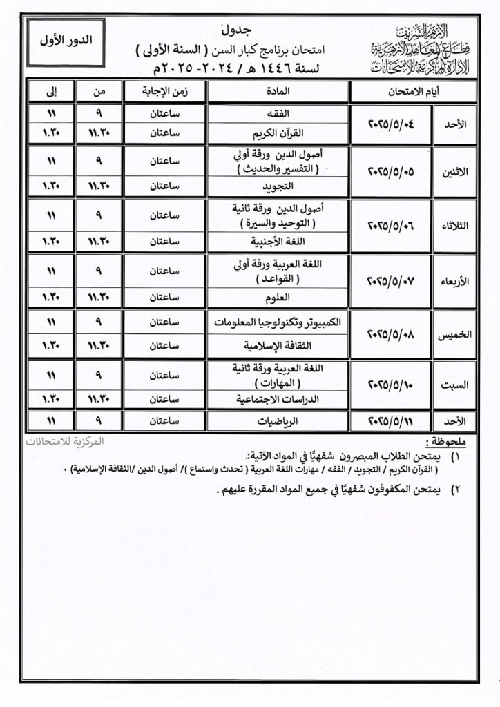 امتحان برنامج كبار السن السنة الأولي