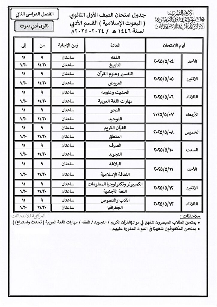 جدول امتحان الصف الأول الثانوي البعوث الإسلامية القسمالأدبي