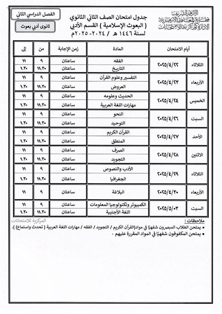 جدول امتحان الصف الثاني الثانوي البعوث الإسلامية القسمالأدبي