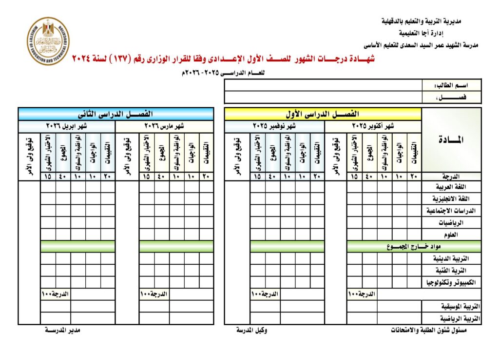 درجات الشهور الاول الاعدادى
