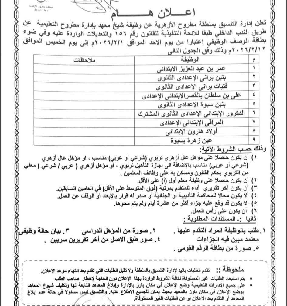 شروط وظيفة شيخ معهد